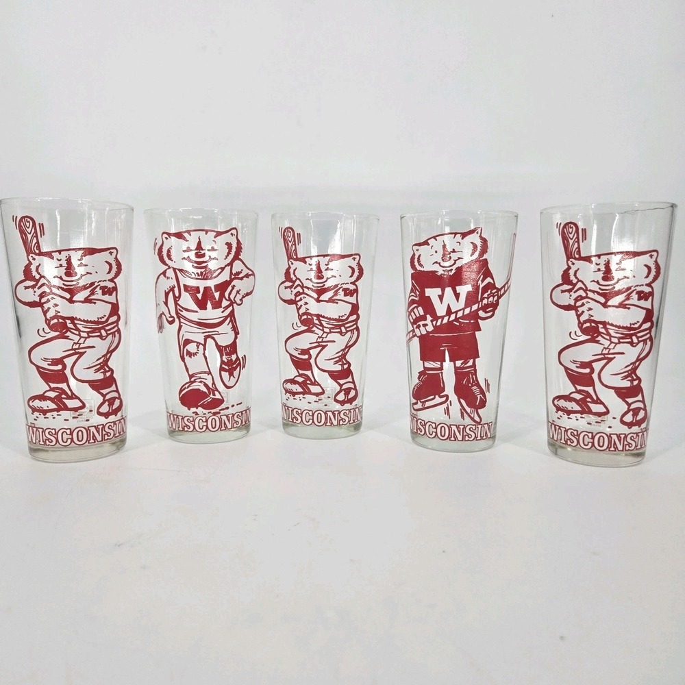 Pepsi Wisconsin Badgers Bucky Glasses Lot 5 Vintage Collector Series 6.5 inches